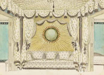 Design til seng med teltalkove, sandsynligvis til prinsen af Wales soveværelse eller Boudoir, Royal Pavilion ...